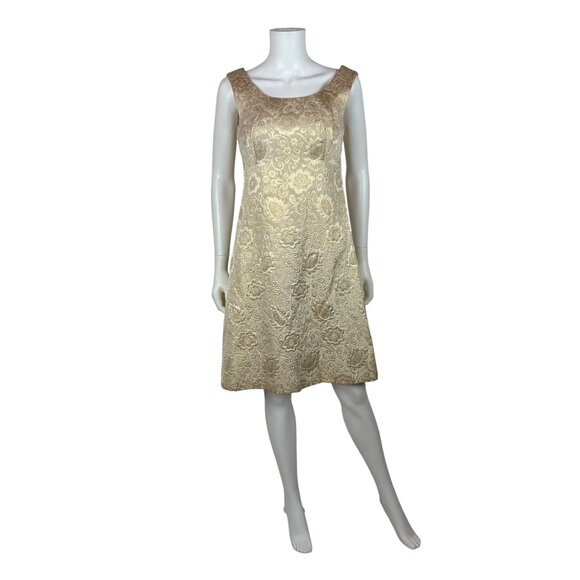 Vintage 60s Brocade Dress Womens Small Gold Floral Cocktail Shift - Picture 1 of 11